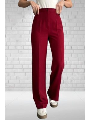 Kadın Bordo Yüksek Bel Krep Kumaş Likralı Palazzo Pantolon