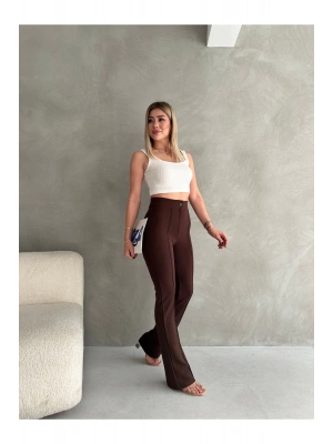 Kadın Kahverengi Büyük Beden Krep Kumaş Likralı Ön Çimalı İspanyol Paça Pantolon