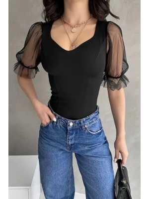 Kadın Siyah Prenses Kol Tül Detaylı Crep Bluz