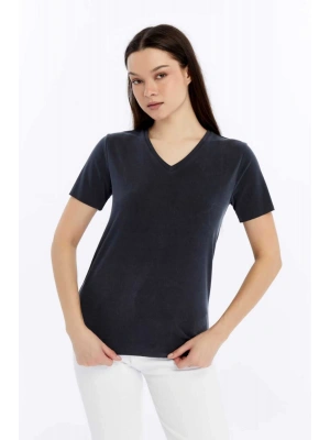 Kadın Lacivert V Yaka Cupra Modal Kumaş Kısa Kollu T-shırt