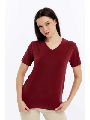 Kadın Bordo V Yaka Cupra Modal Kumaş Kısa Kollu T-shırt