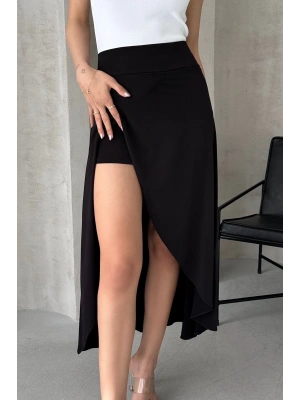 Kadın Siyah Yüksek Bel Midi Boy Yanı Yırtmaçlı İçi Şortlu Sandy Kumaş Etek