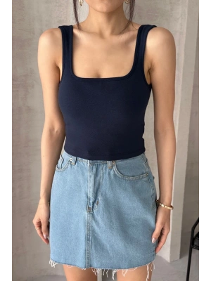 Kadın Lacivert Askılı Gloplu Südyenli Crop Atlet
