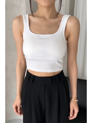 Kadın Beyaz Askılı Gloplu Südyenli Crop Atlet
