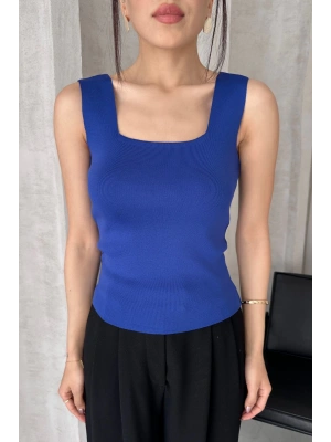 Kadın Sax Mavi Kare Yaka Kalın Askılı Triko Bluz