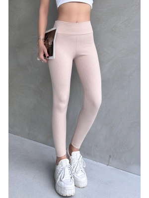 Kadın Bej Yüksek Bel Toparlayıcı Tayt Yüksek Kalite Spor Ve Günlük