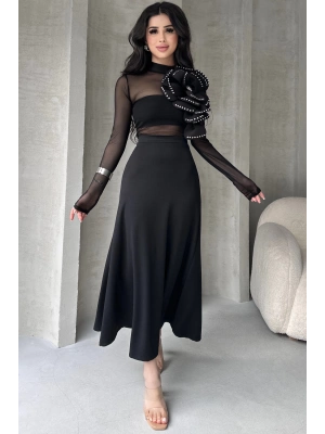 Siyah Puf Scuba Kadın Kloş Etek Beli Lastikli