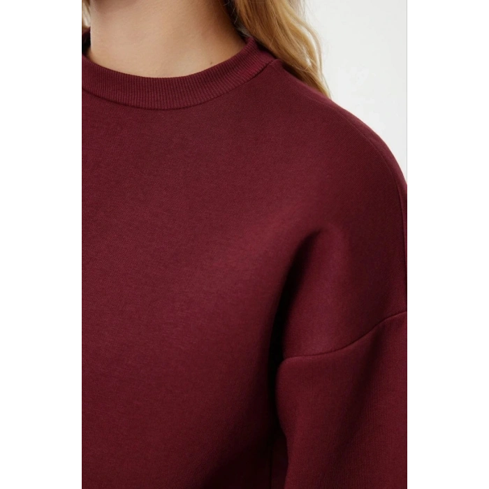 3 iplik şardonlu bisiklet yaka sweatshirt bordo