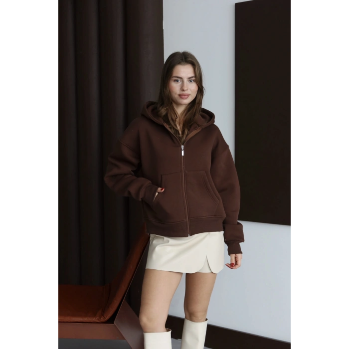 3 iplik şardonlu kapşonlu hoodie frm kahve p510437