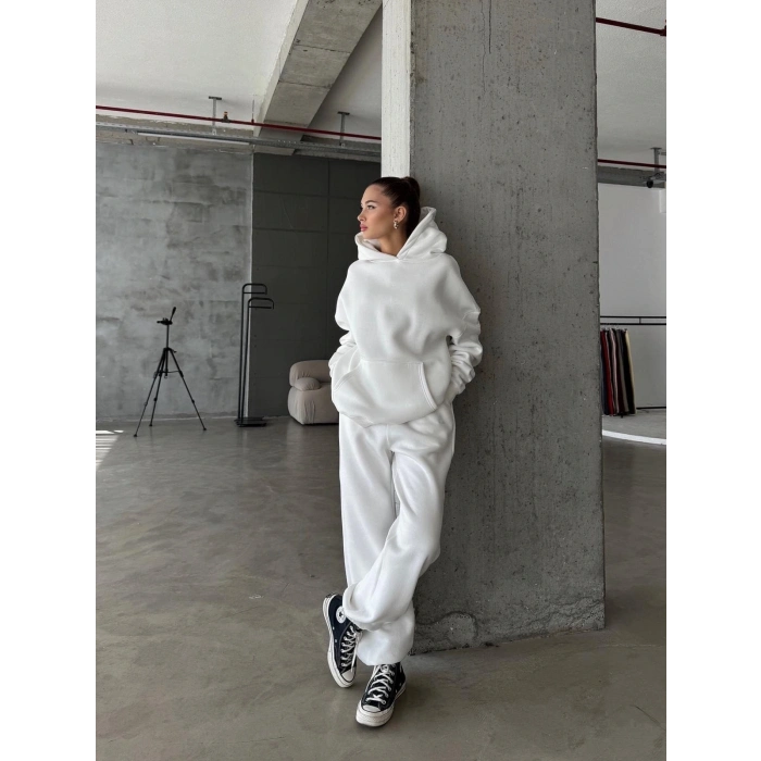 3 iplik şardonlu Lastik paça eşofman beyaz p510439