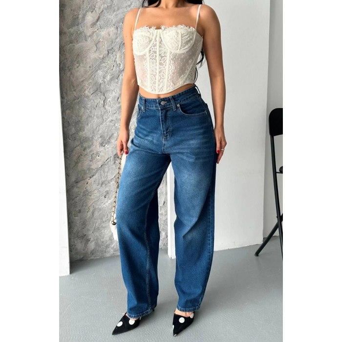 Baggy süper taş bıyık yıkama koyu mavi jeans pantolon d2007