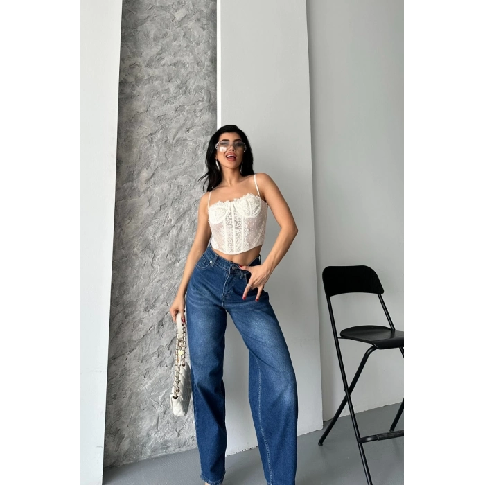 Baggy süper taş bıyık yıkama koyu mavi jeans pantolon d2007