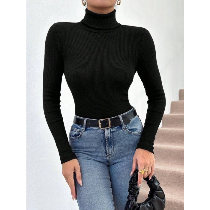 Balıkçı yaka dar kesim kaşkorse kazak siyah w3103