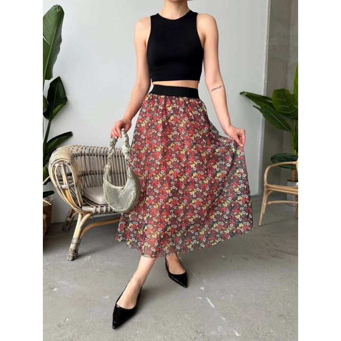 Baskılı astarlı uzun etek