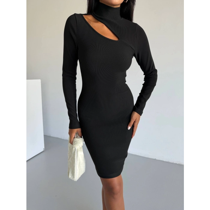 Boğazlı gögüs dekolteli elbise siyah f2333