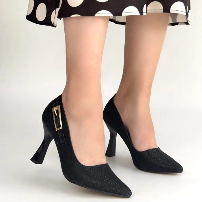 Cerin Siyah Saten Simli Topuklu Ayakkabı