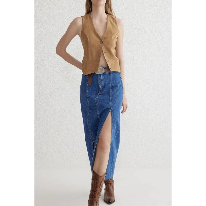 Çift yırtmaçlı jean etek s140