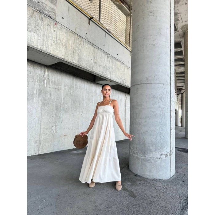 Dantelli askılı keten elbise s4310