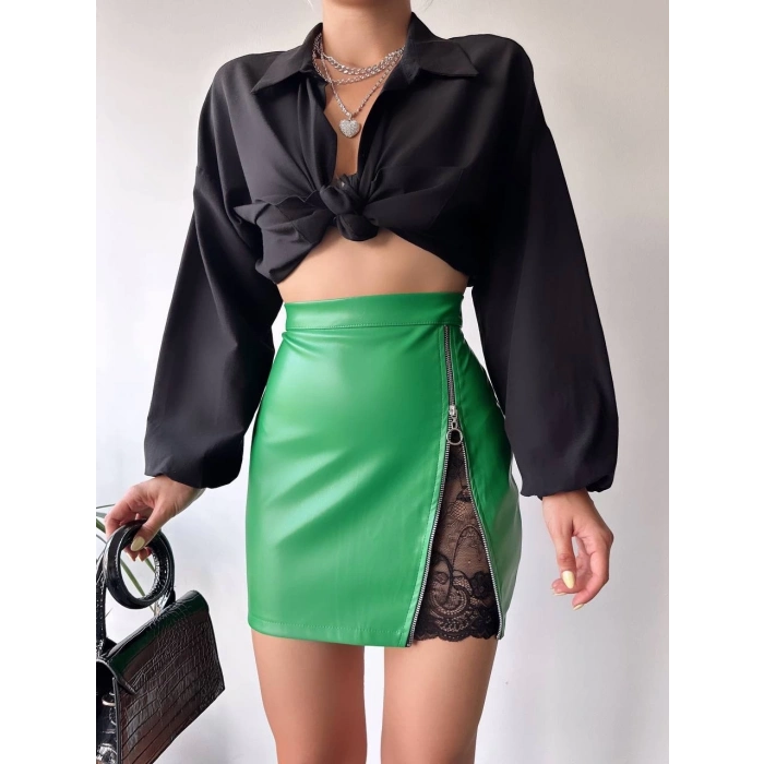 Dantelli fermuarlı deri etek yeşil w24598