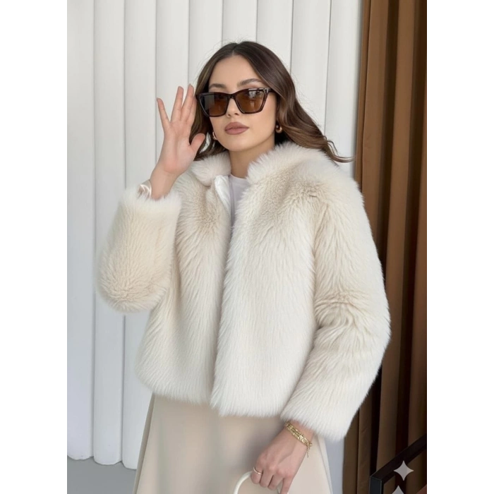 Fermuarlı kısa kürk siyah ekru t7746