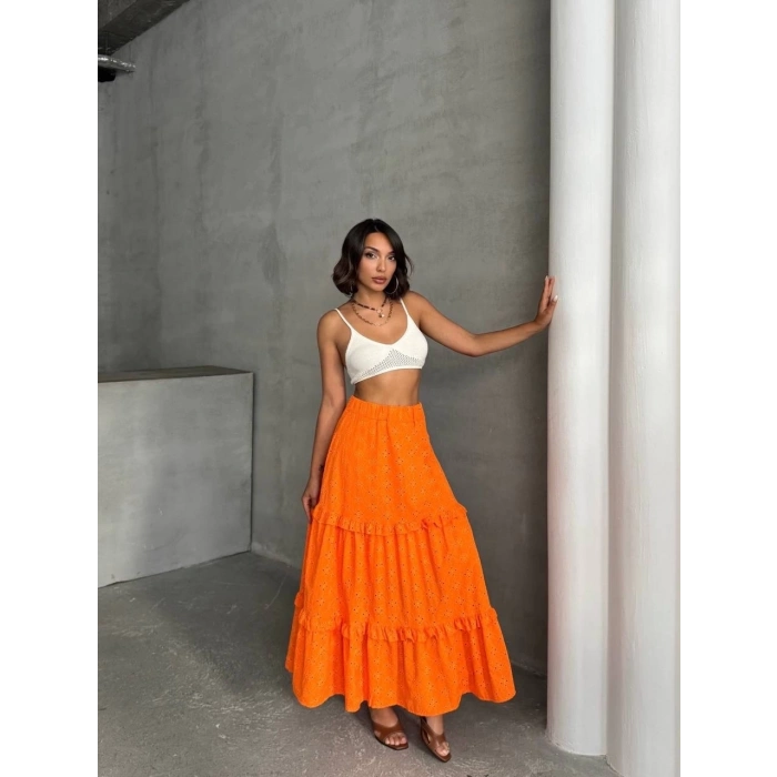 Fırfırlı brodeli astarlı uzun etek turuncu s255047