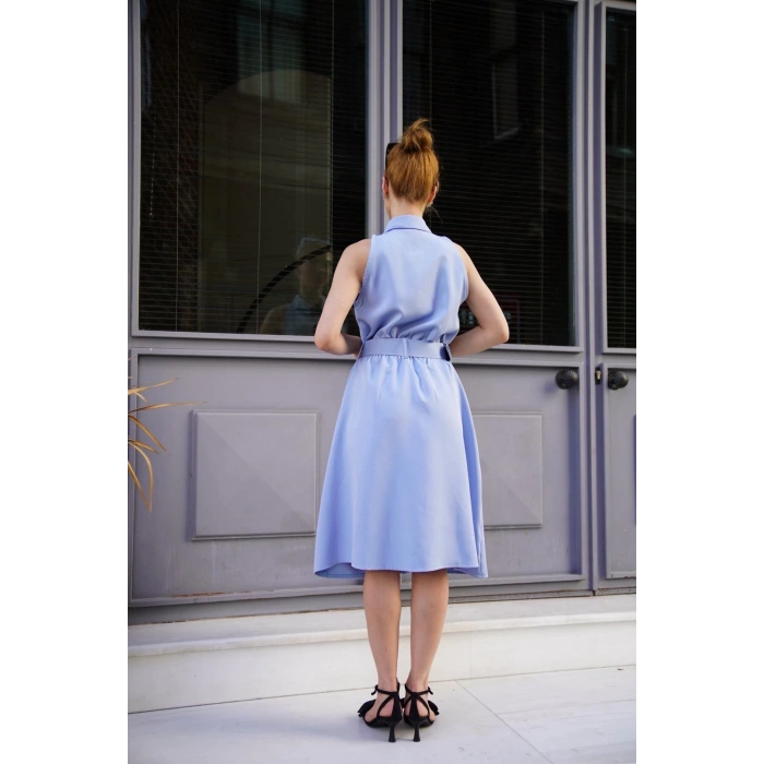 Gömlek yaka kemerli elbise mavi s255061