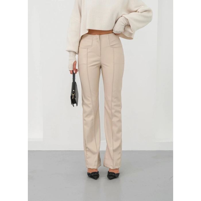 İspanyol yırtmaçlı paça deri pantolon bej hn