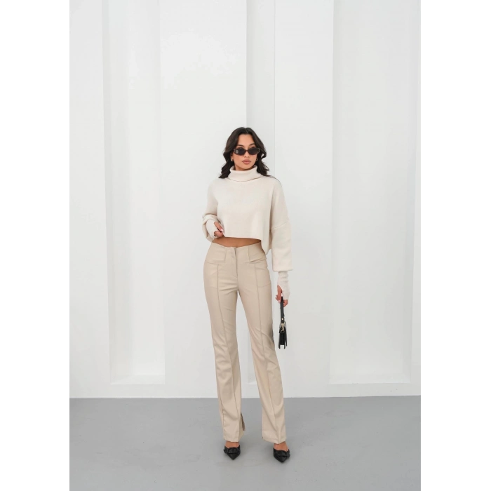 İspanyol yırtmaçlı paça deri pantolon bej hn