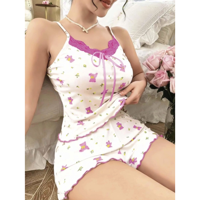 Kadın Ayıcık ve Çiçek Desenli Şortlu Gecelik Takım 5113