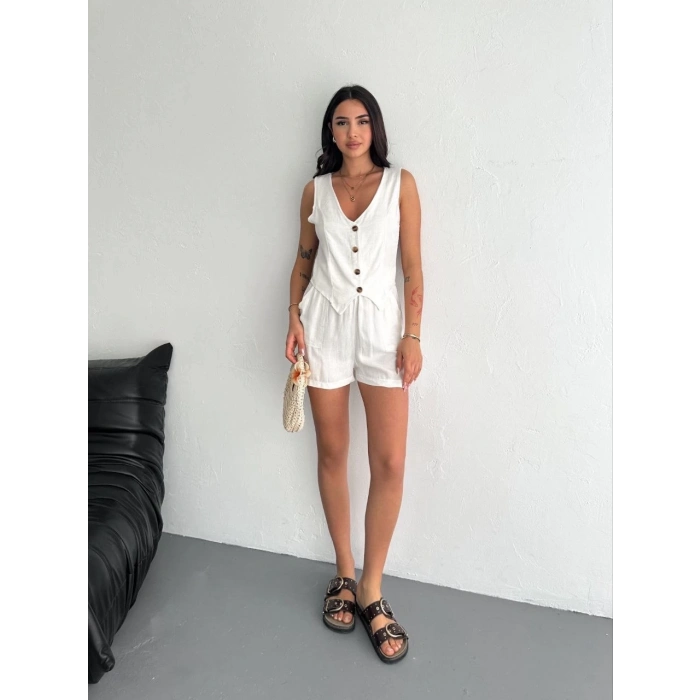 Kadın keten şort yelek takım s3461
