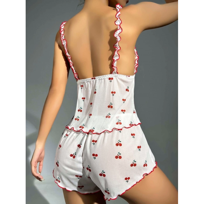 Kadın Kiraz Desenli Fırfırlı Şortlu Gecelik Takım 5101