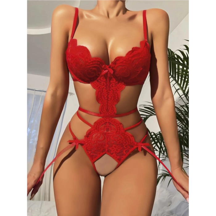 Kadın Kırmızı Özel Bölgesi Açık Dantelli Jartiyer Kostüm 2256