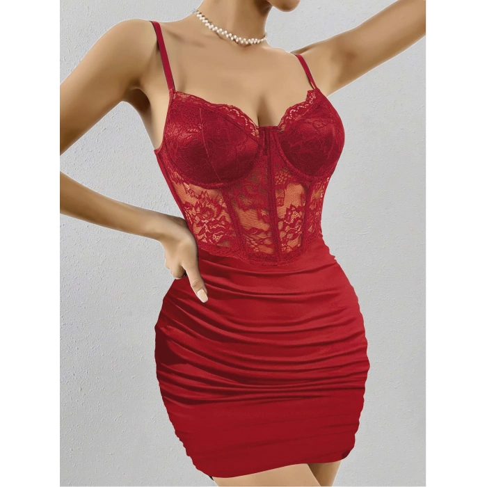 Kadın Kırmızı Transparan Karın ve Dantel Detaylı Gece Kıyafeti 5150