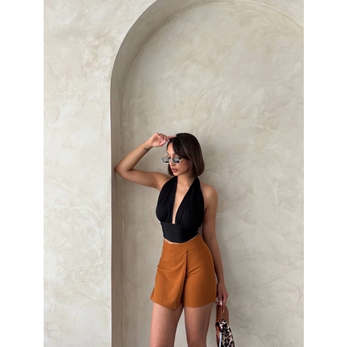 Kapaklı şort etek camel s208