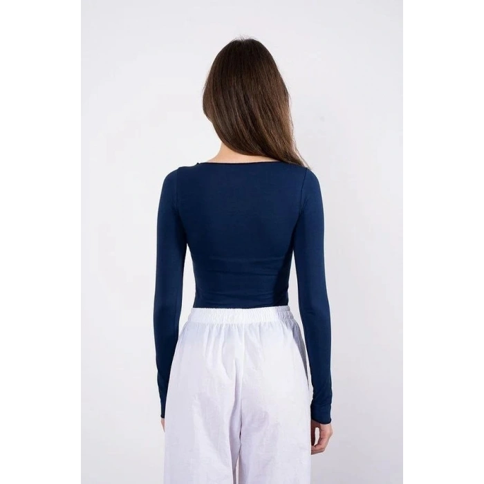 Kayık yaka uzun kollu bluz lacivert pt