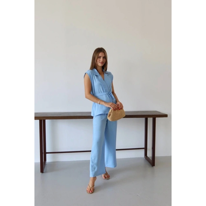 Keten yelek pantolon takım mavi pt