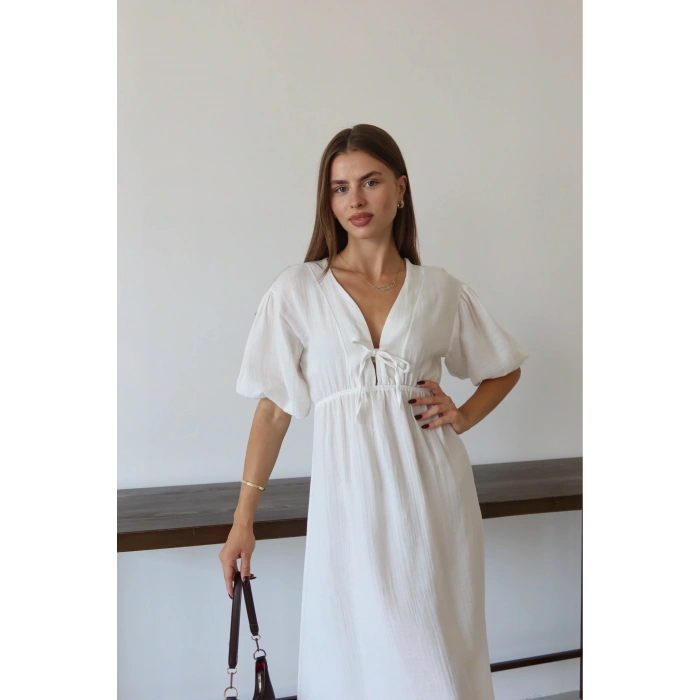 Kısa kollu müslin elbise beyaz pt