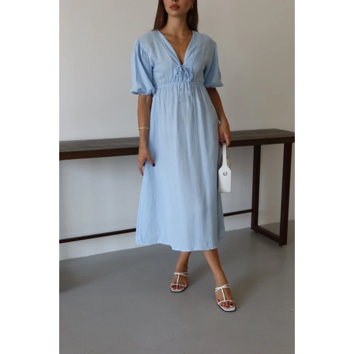 Kısa kollu müslin elbise mavi pt