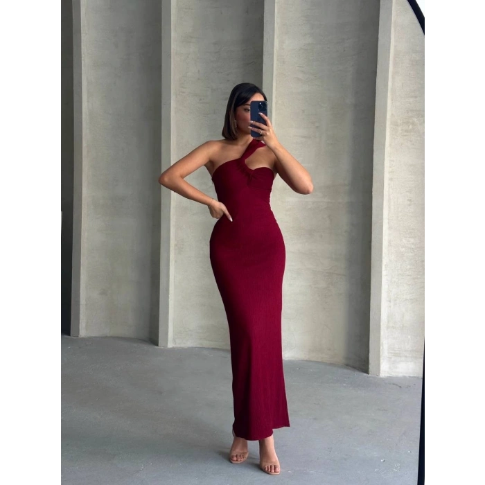 Krinkıl tek omuz uzun elbise bordo s25455