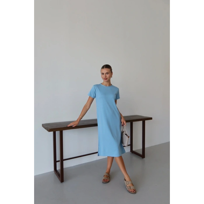 Modal yırtmaçlı elbise mavi pt