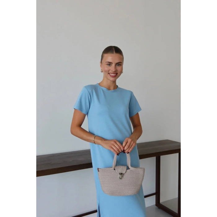 Modal yırtmaçlı elbise mavi pt