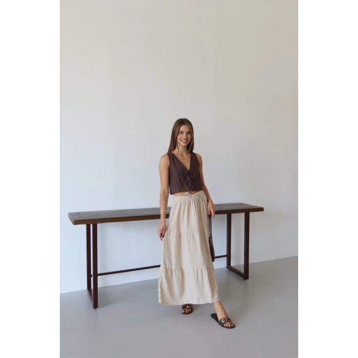 Müslin kumaş keten uzun etek bej pt