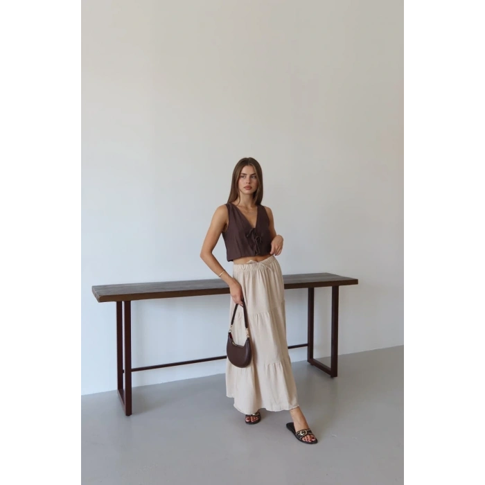 Müslin kumaş keten uzun etek bej pt