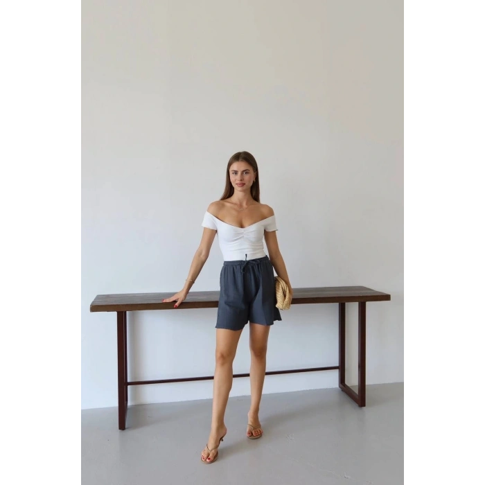 Müslin kumaş şort bağcıklı antrasit pt