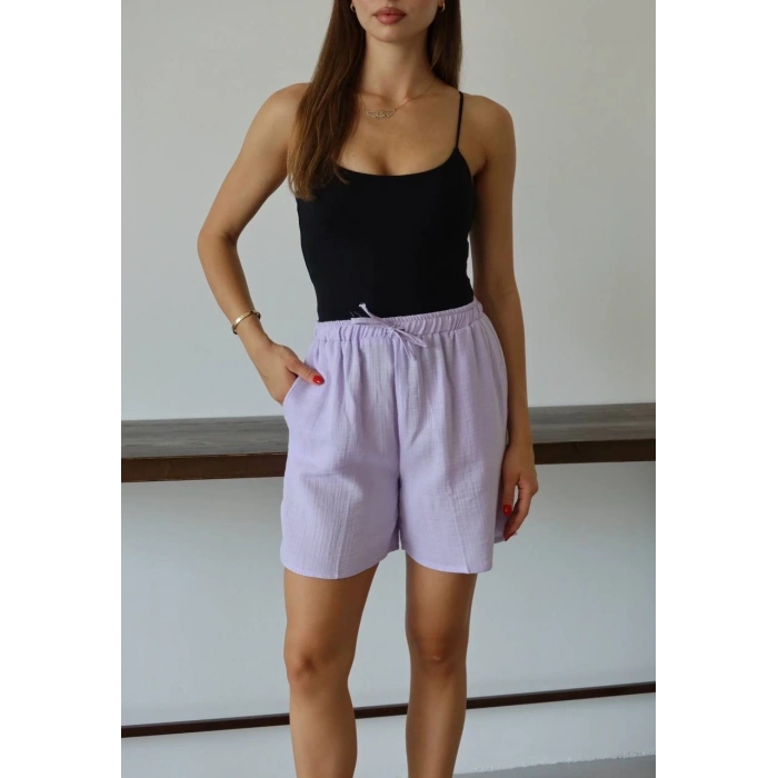 Müslin kumaş şort bağcıklı lila pt