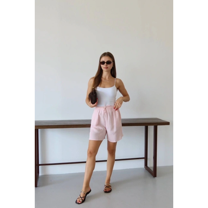 Müslin kumaş şort bağcıklı pembe pt