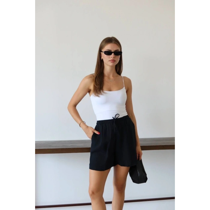 Müslin kumaş şort bağcıklı siyah pt