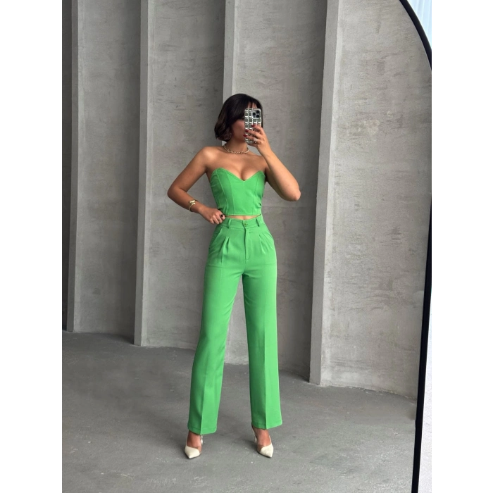 Palazzo pantolonlu alt üst takım yeşil