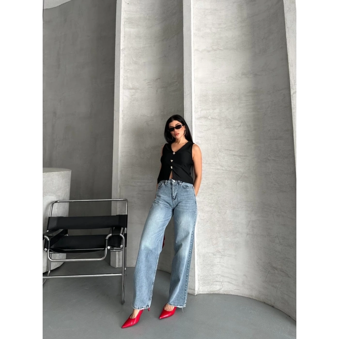 Palazzo straight kar yıkama jeans pantolon mavi d2008