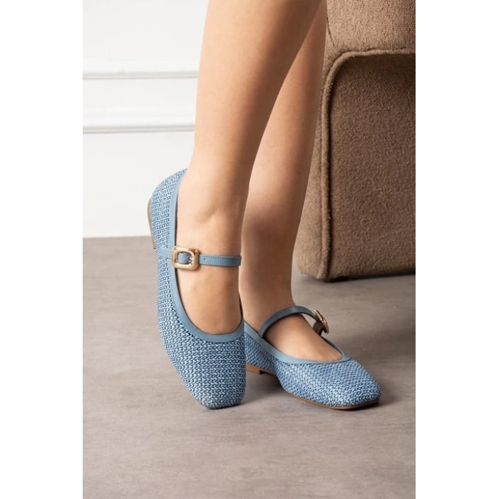 Rives Mavi Cilt Hasır Dokumalı Babet Ayakkabı
